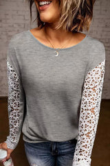 Gray Lace Splicing Long Sleeve Top