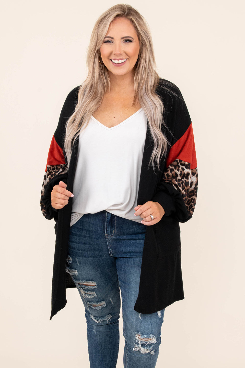 Black Leopard Color Block Sleeve Plus Size Cardigan