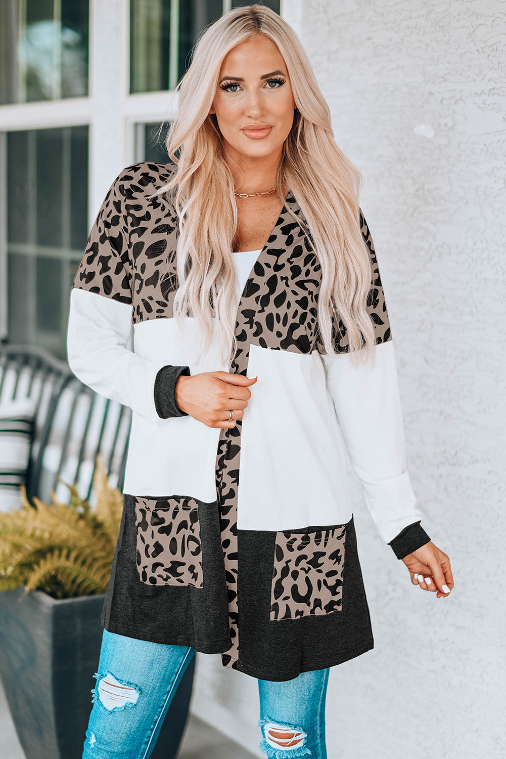 Leopard Block Cardigan with Pockets