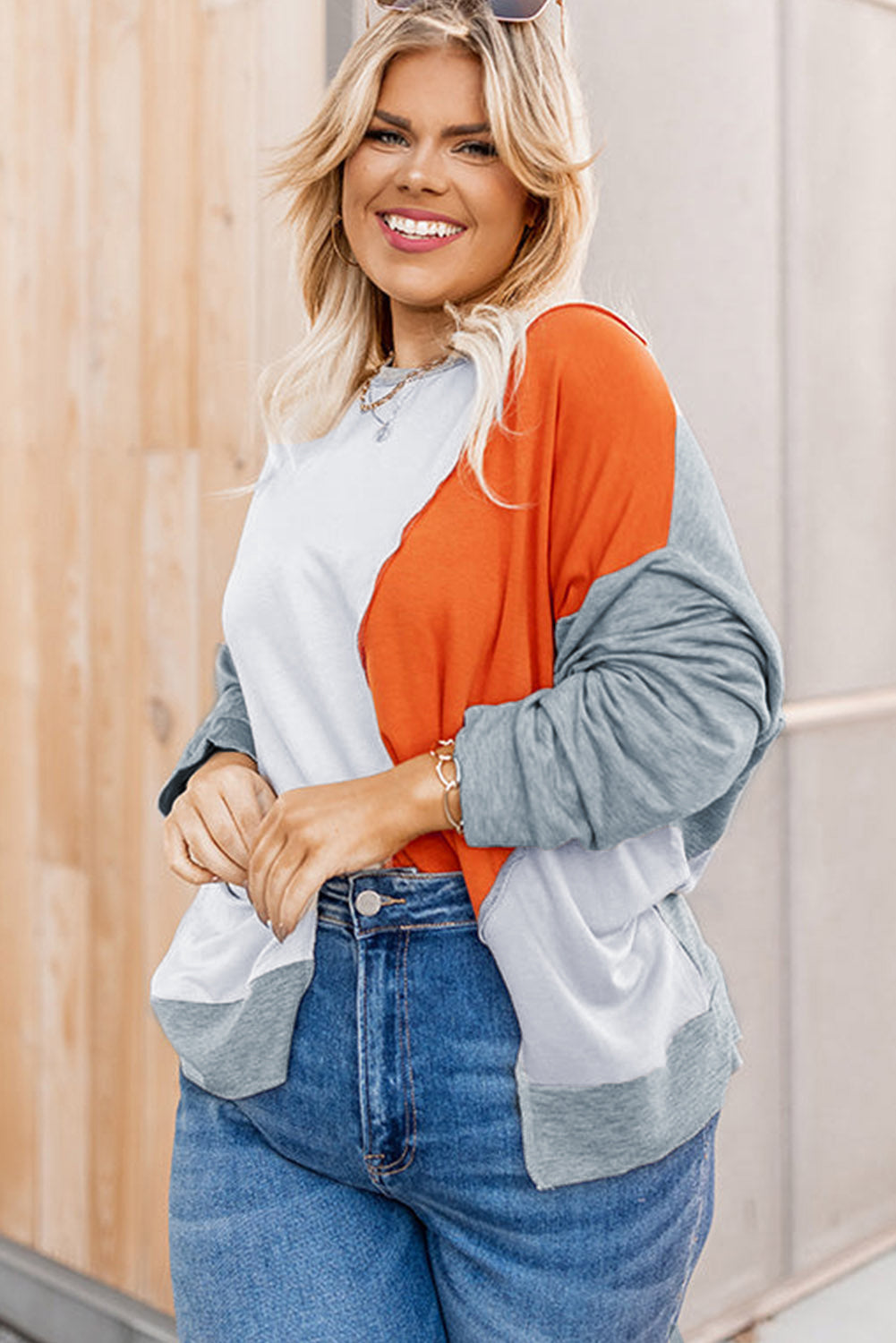 Colorblock Stitching Irregular Hem Long Sleeve Top