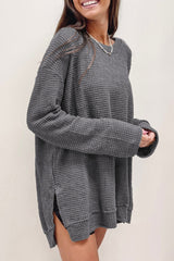 Gray Waffle Knit High Slits Oversized Top