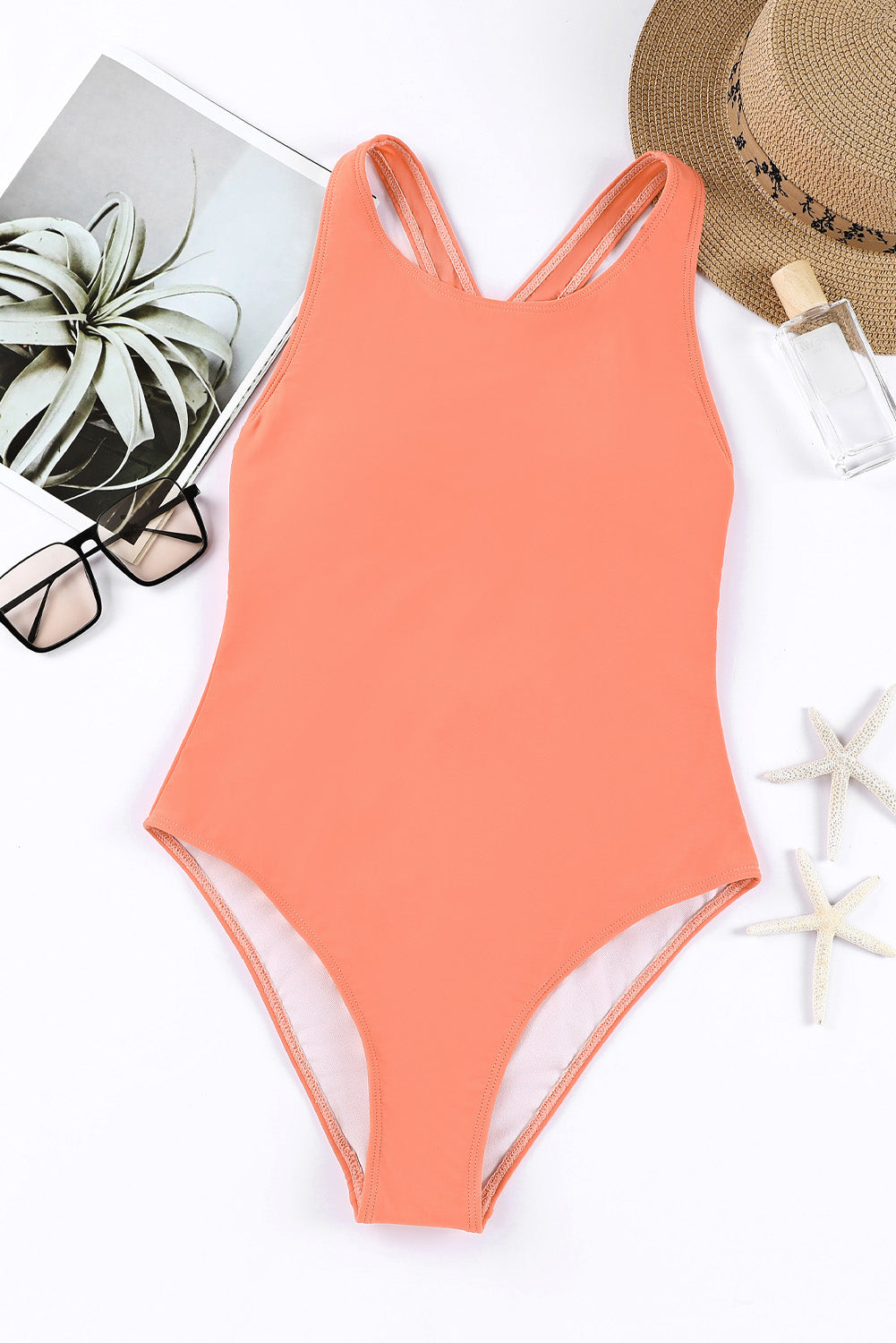 Orange Solid Cross Back One Piece Swimsuit