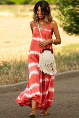 Orange Tie Dye Striped Spaghetti Straps Maxi Dress