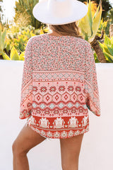 Pink Floral Aztec Print 3/4 Sleeve Open Front Kimono
