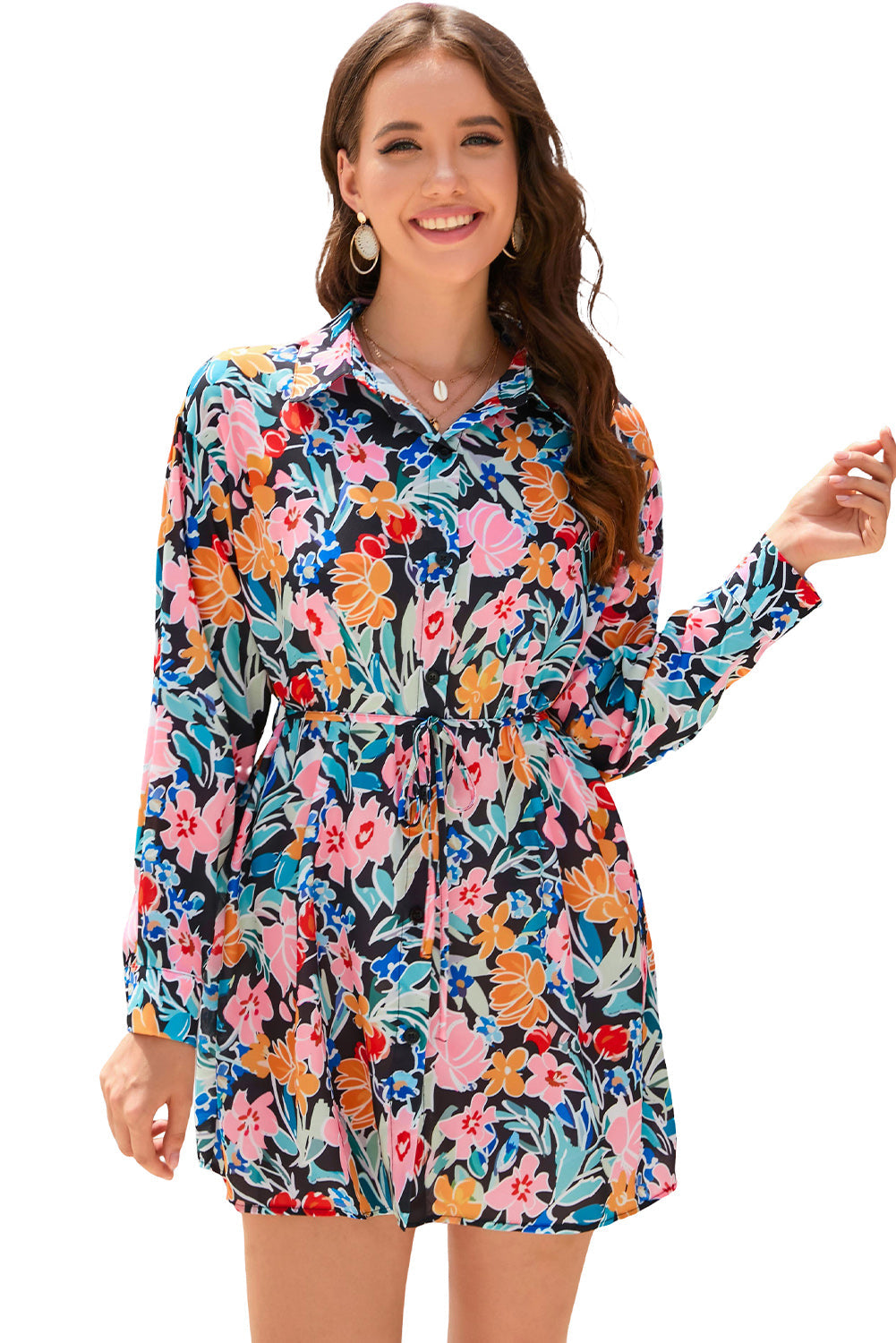 Multicolor Floral Buttoned Collared Long Sleeve Mini Dress