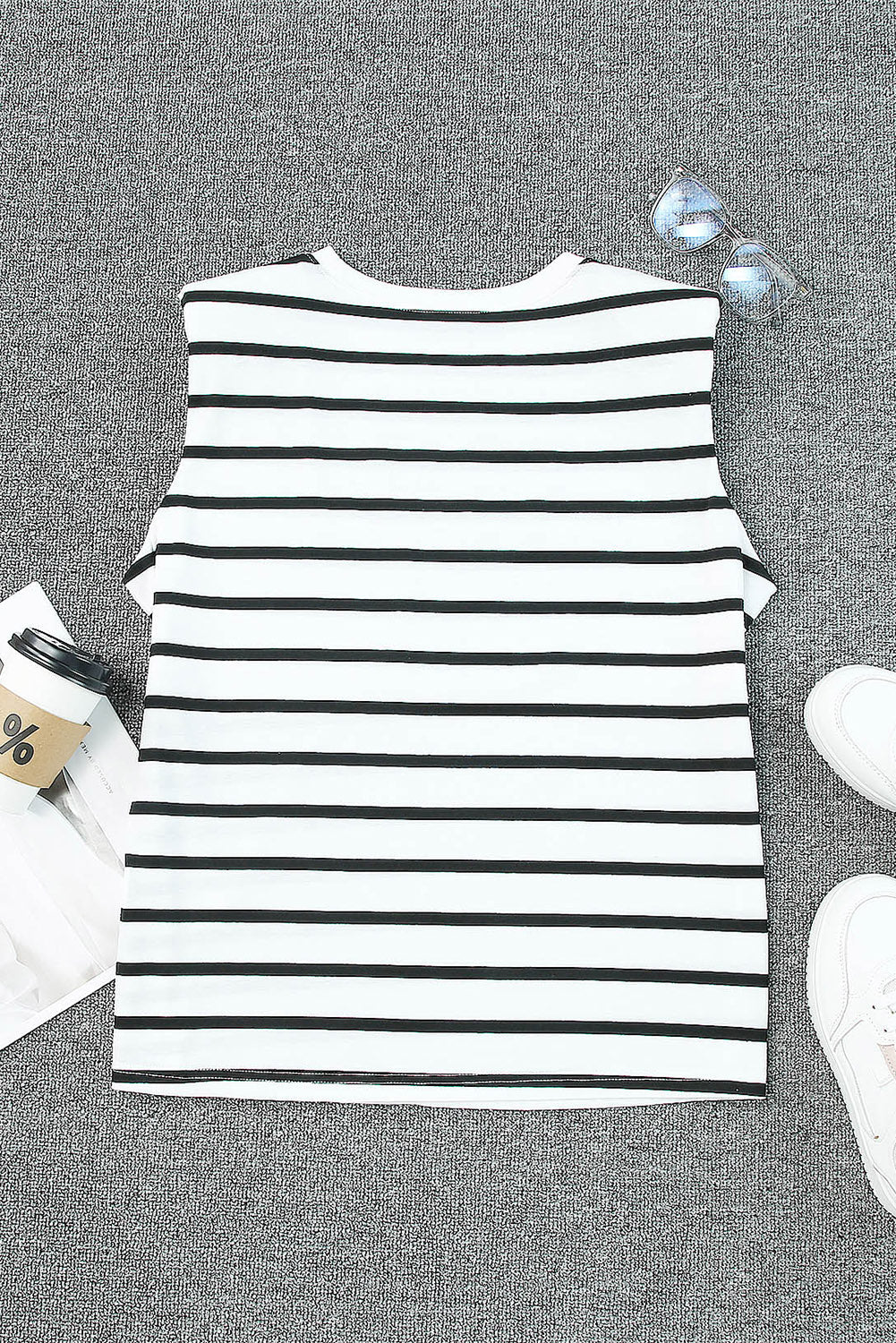 White Striped Print Shoulder Pads Boxy Tank Top