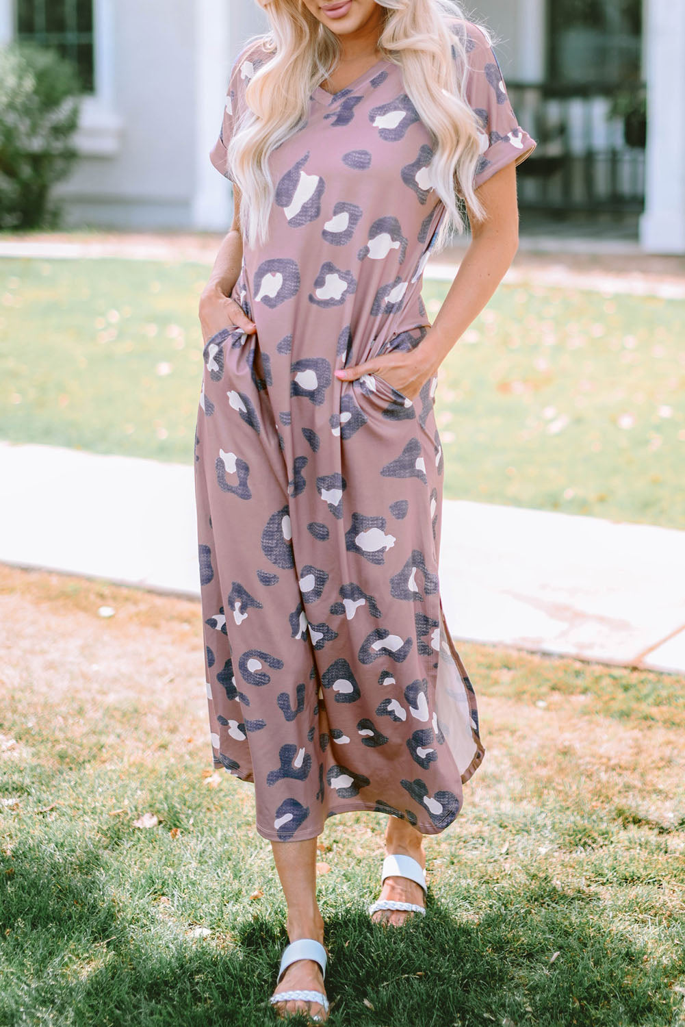 Leopard Print V Neck Long T-shirt Dress