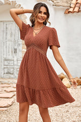 Brown Swiss Dot Lace Splice Swing Dress