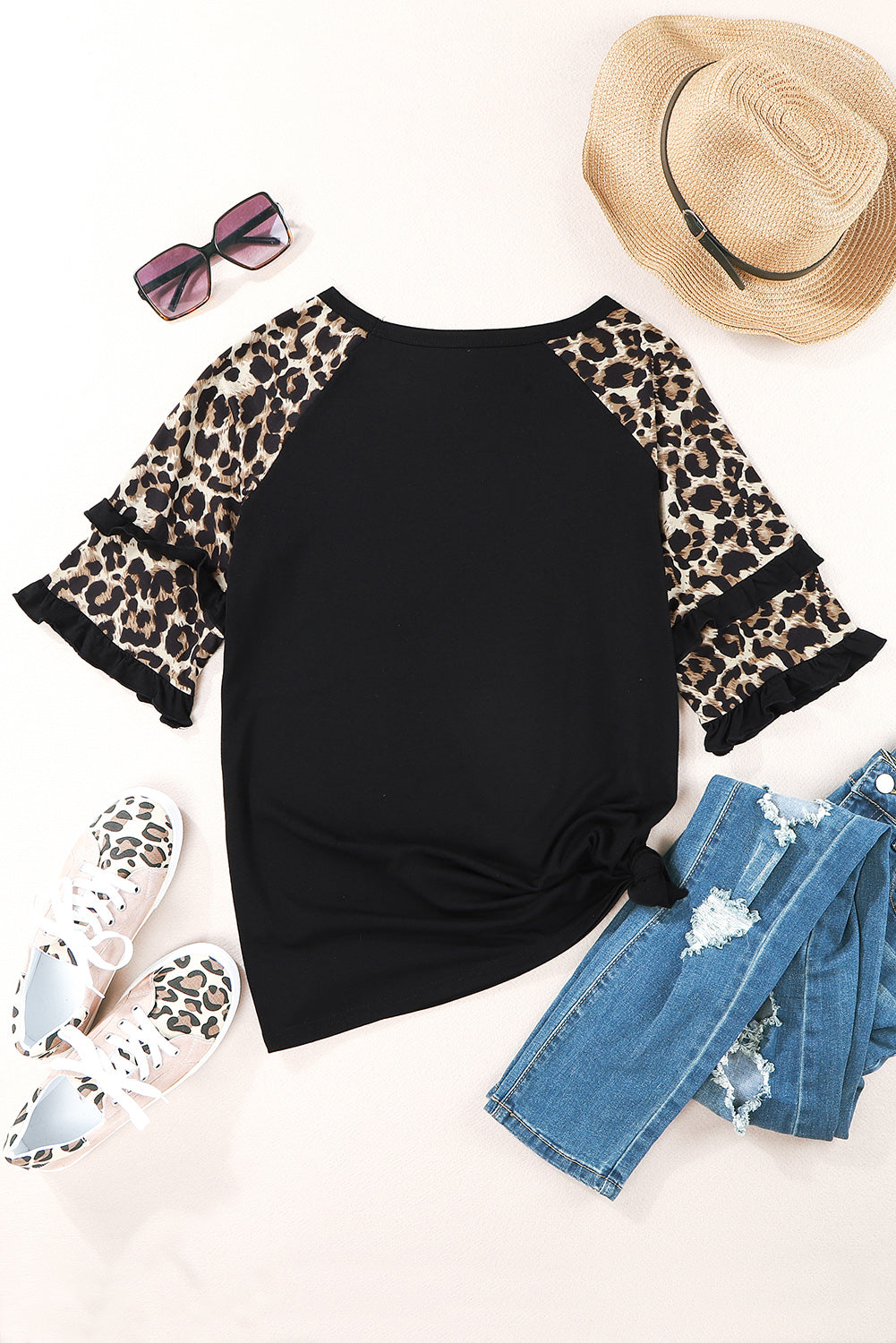 Black Ruffled Leopard Sleeve Patchwork Top