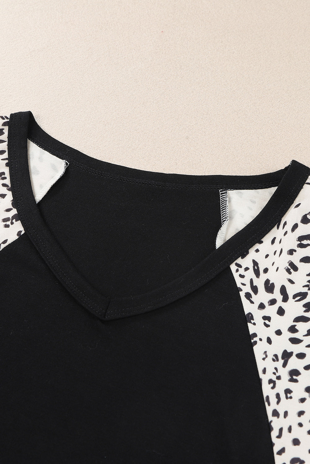 Black Leopard Sleeves Color Block V Neck T-shirt