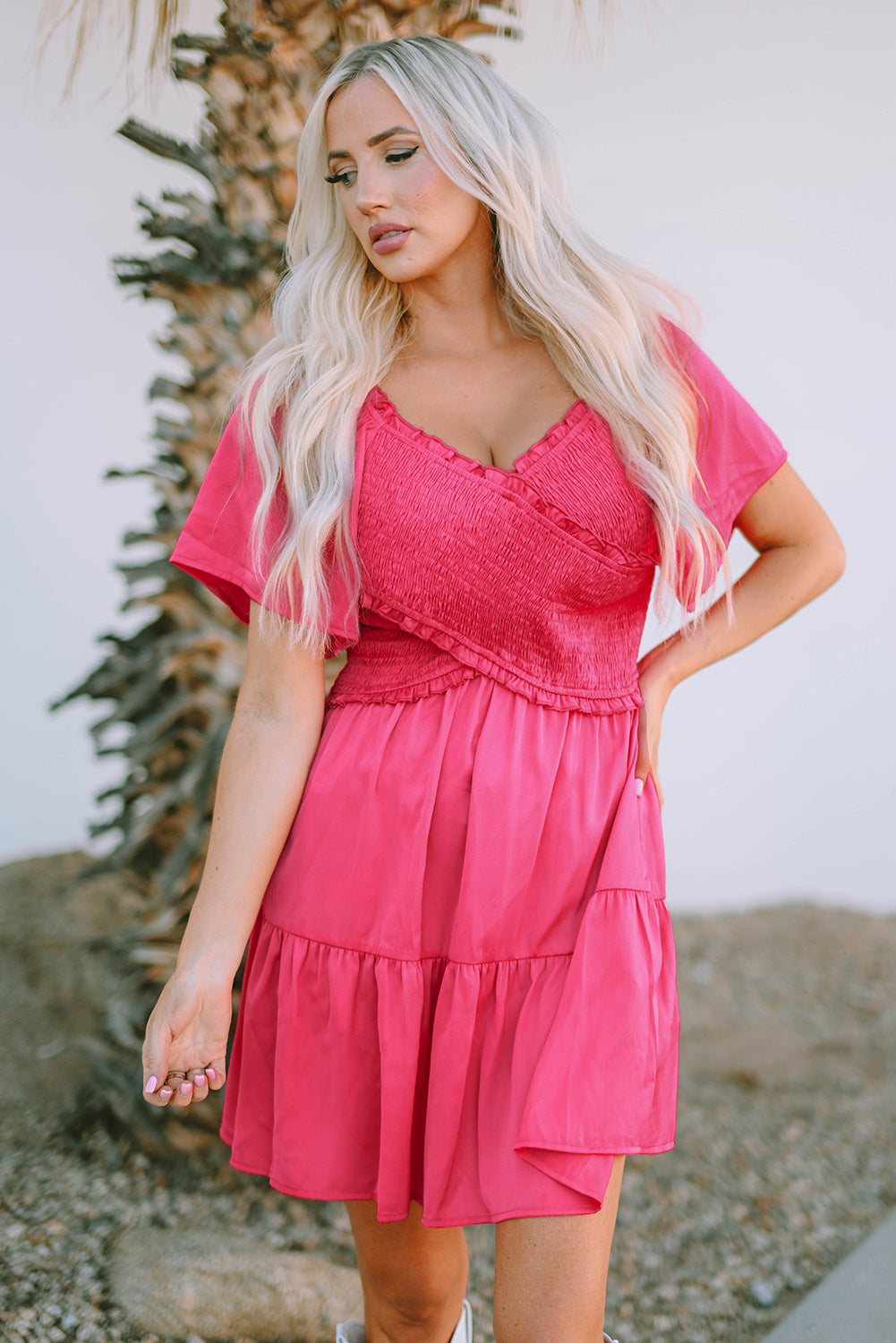 Rose Crossover Smocked Flutter Sleeve Mini Dress