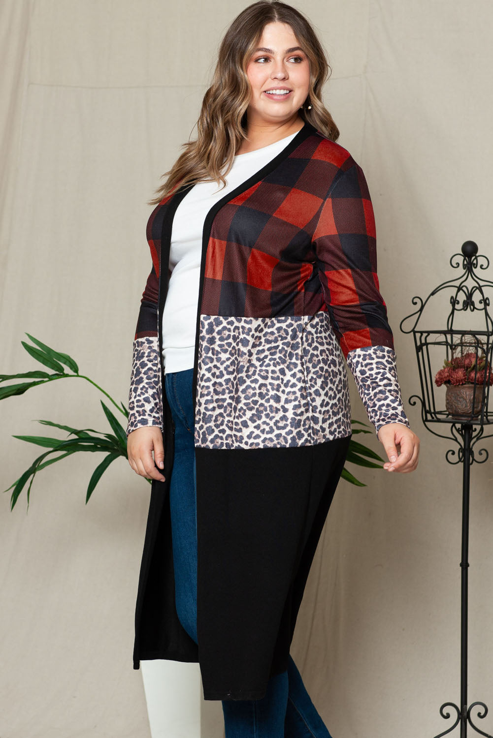 Red Buffalo Plaid Leopard Colorblock Plus Size Duster Cardigan