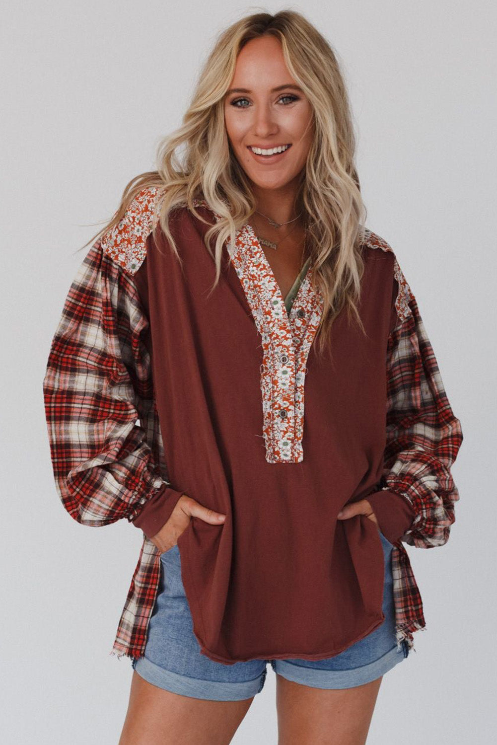 Red Floral Plaid Mixed Print Bishop Sleeve Patchwork Top