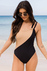 Black Double Straps One Shoulder Color Block Teddy Swimsuit