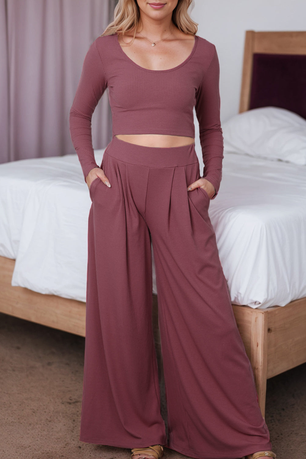 Gray Solid Color Ribbed Crop Top Long Pants Set