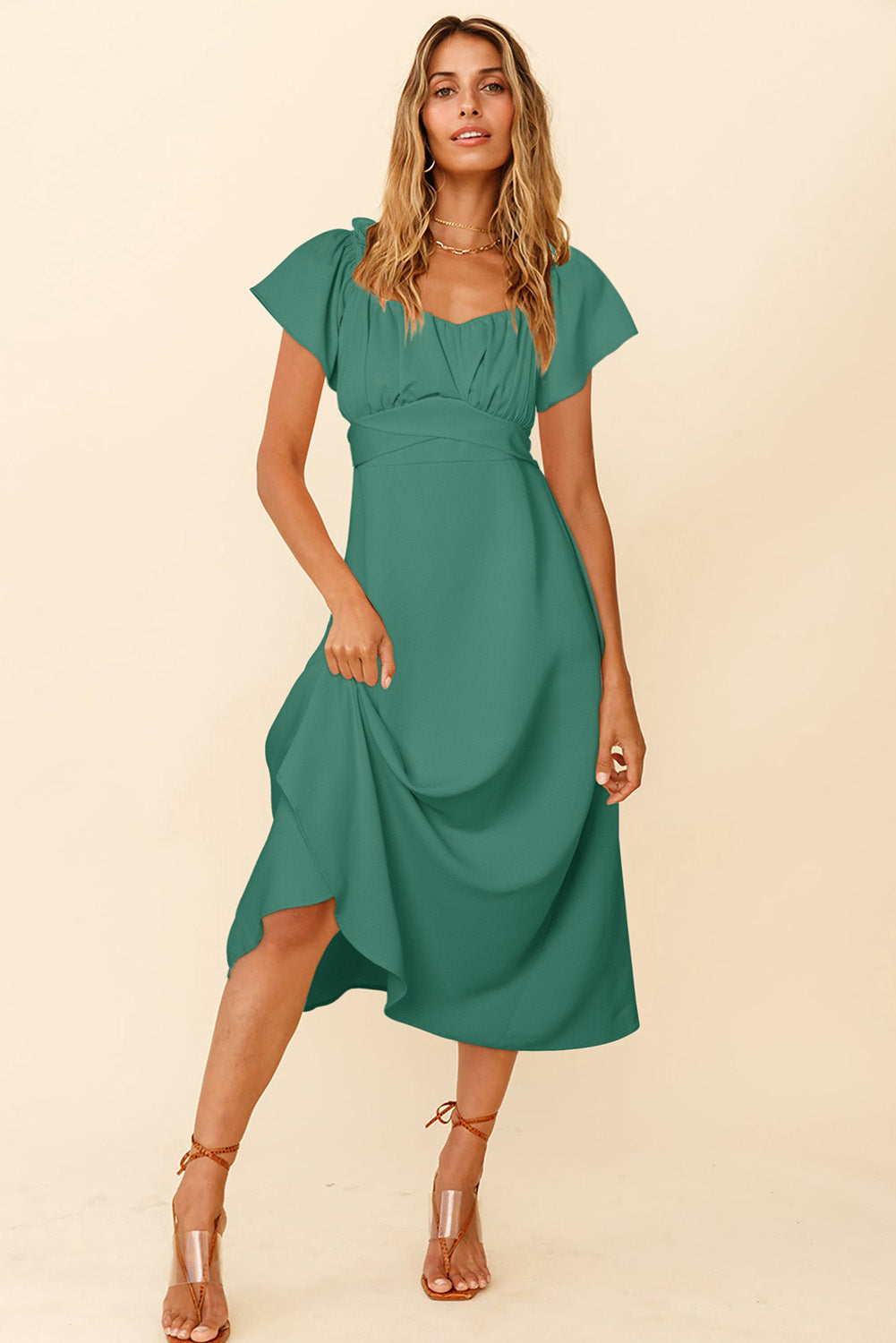 Green Off-shoulder Smocked Tie Back Midi Dress