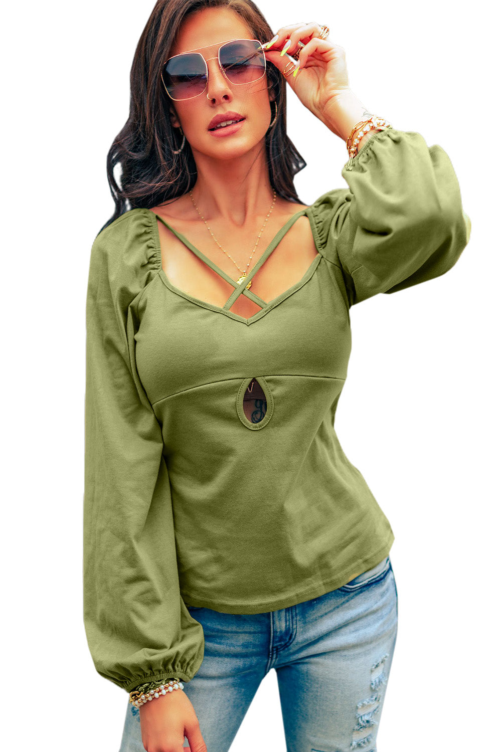 Green Cut Out Criss Cross Sweetheart Neck Long Sleeve Top