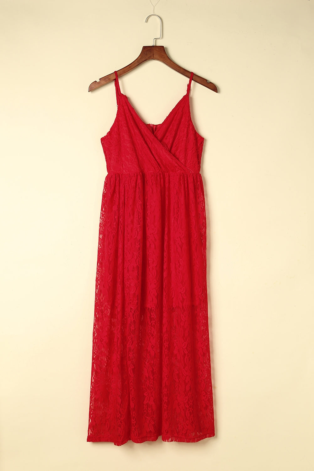 Red Lace V Neck Wrap Spaghetti Straps Maxi Dress