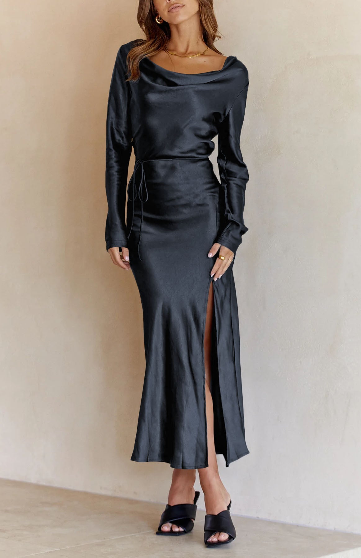 Black Drape Neck Tie Waist Long Sleeve Slit Dress