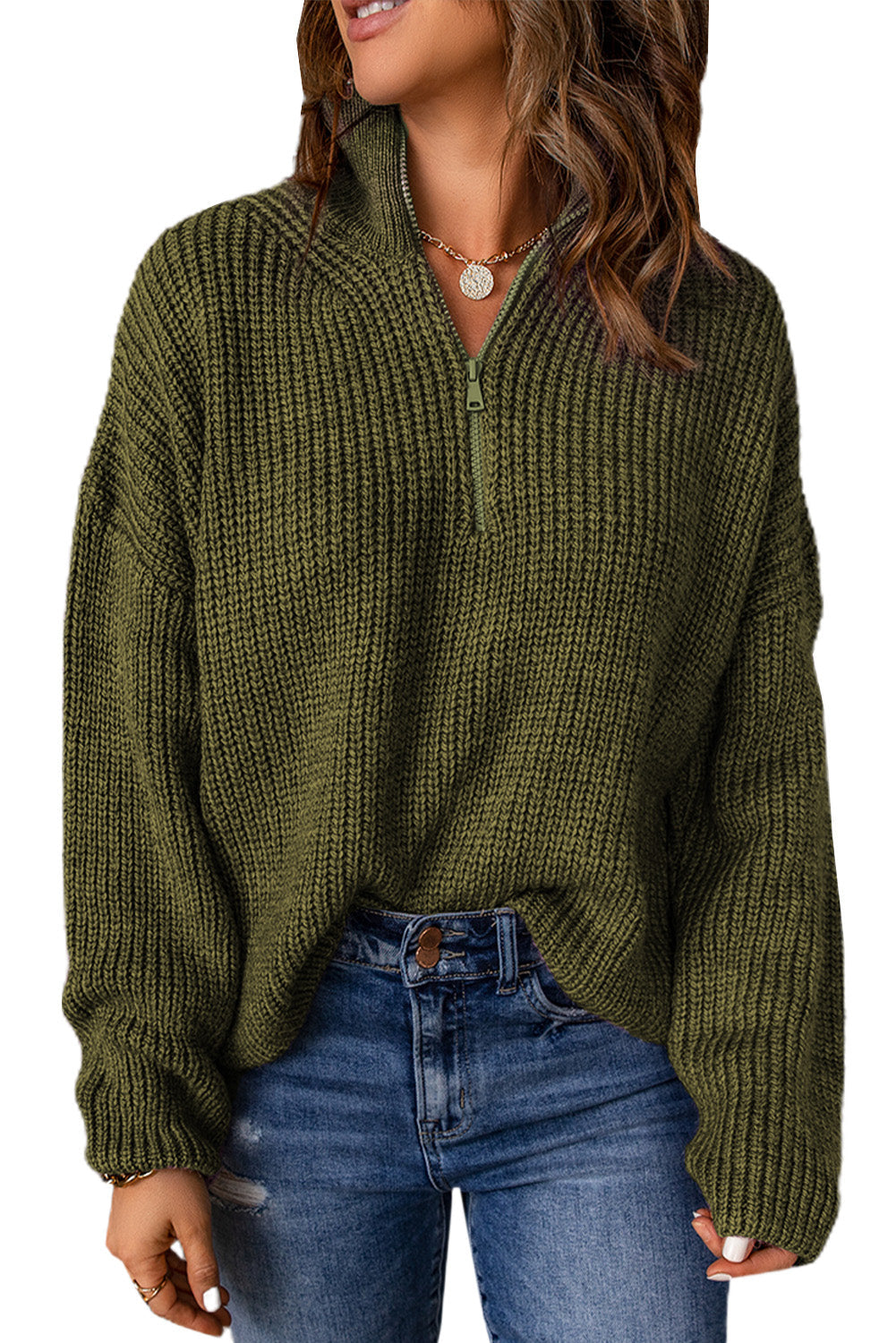 Red Zipped Turtleneck Drop Shoulder Knit Sweater