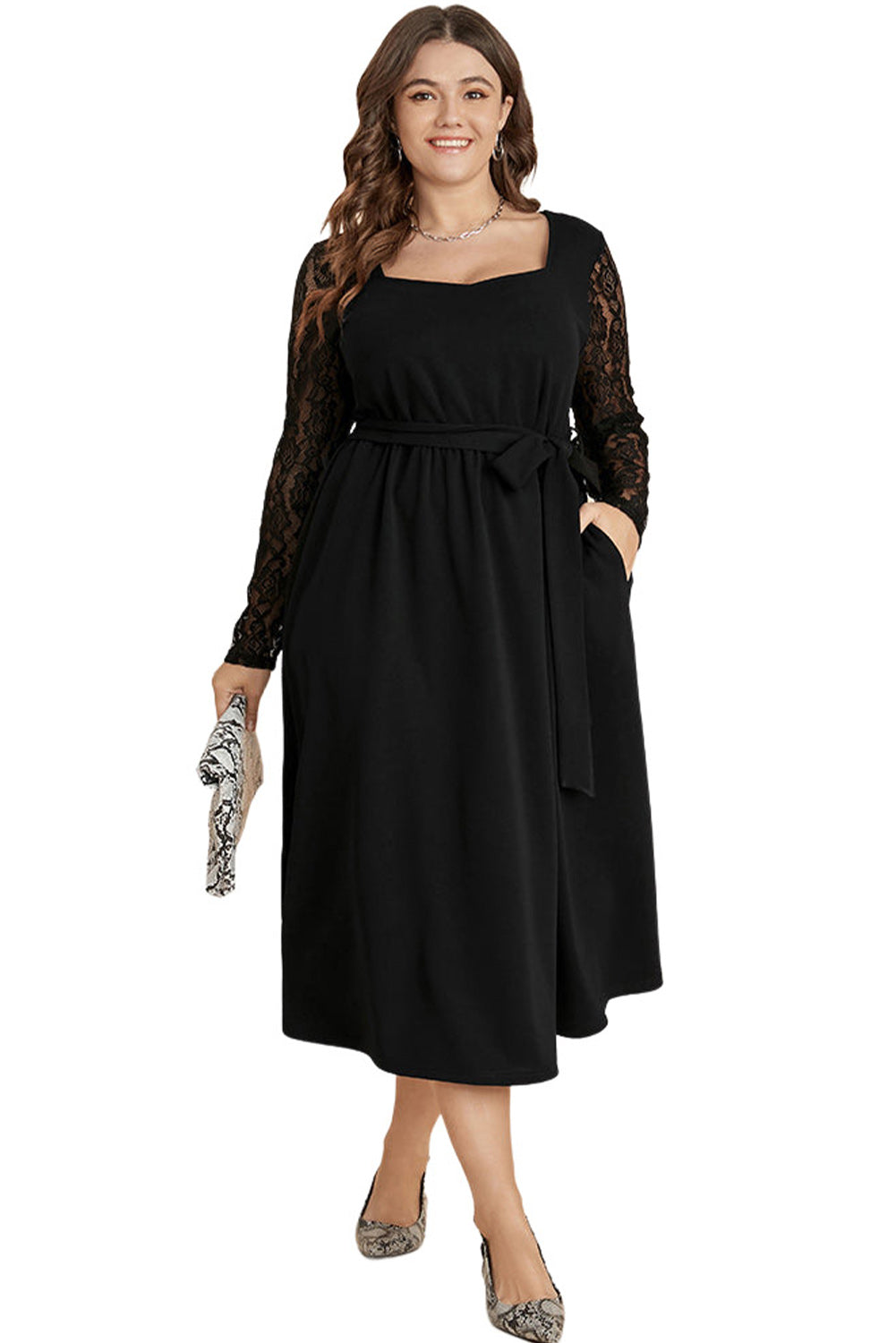 Black Plus Size Sheer Lace Sleeve Belted Ruffle Midi Dress