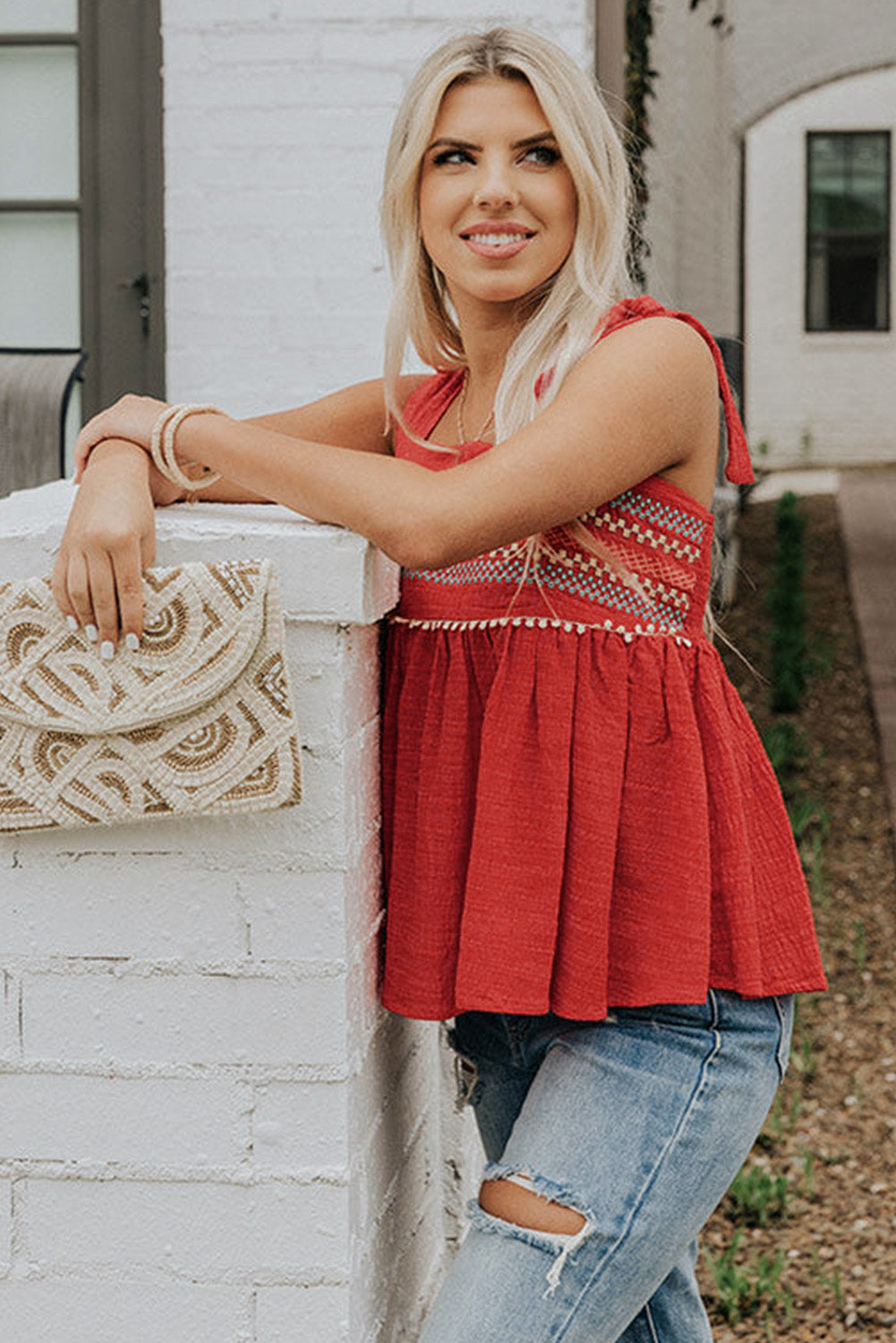 Red Embroidered Babydoll Tie Strap Tank Top