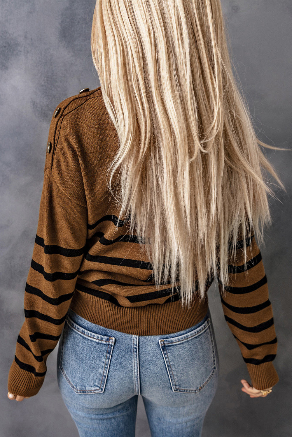 Khaki Striped Turtleneck Long Sleeve Sweater with Buttons