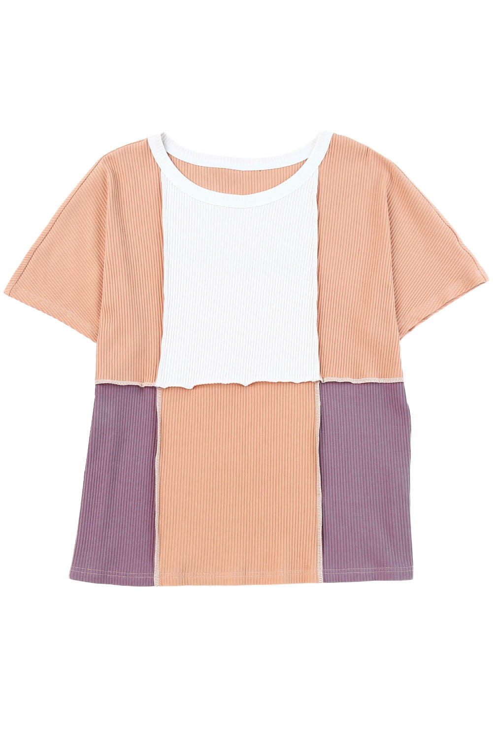 Orange Colorblock Stitching Short Sleeve Rib Knit Top