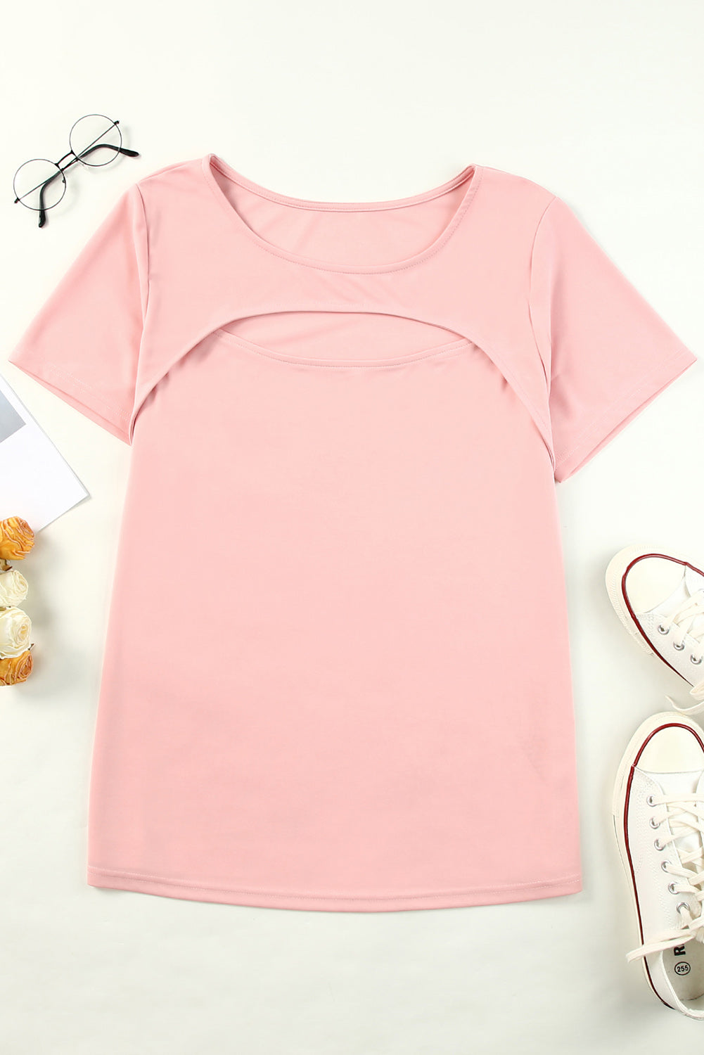 Pink Peekaboo Cutout Front Plus Size T-shirt