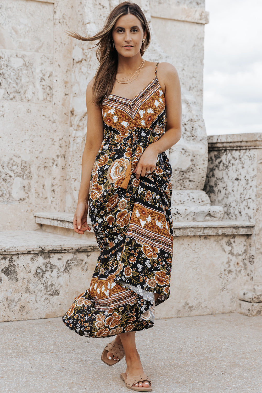 Black Retro Boho Floral Tassel Tie Maxi Dress