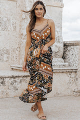 Black Retro Boho Floral Tassel Tie Maxi Dress