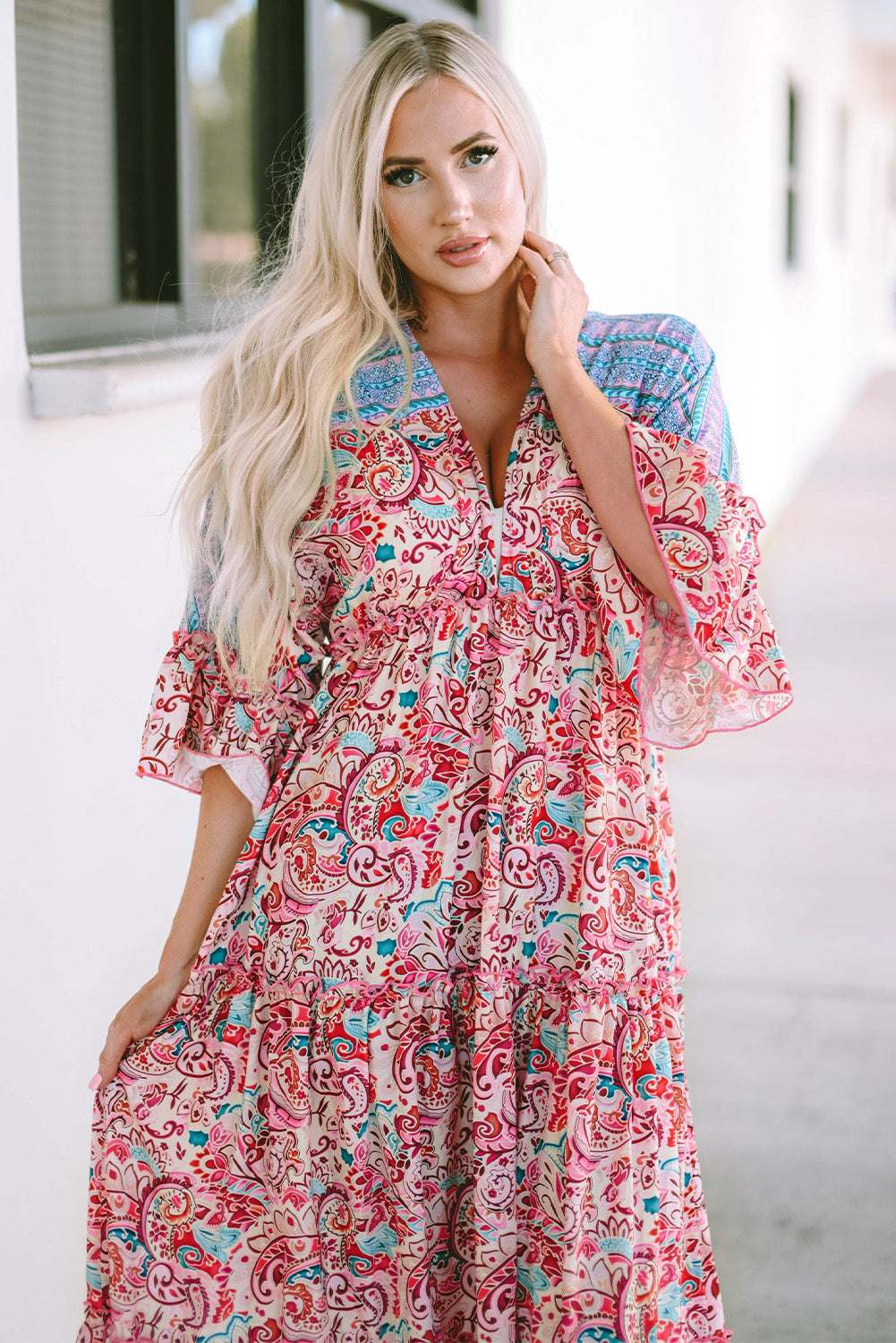 Red Boho Floral Paisley Print Tassel Tie V Neck Maxi Dress
