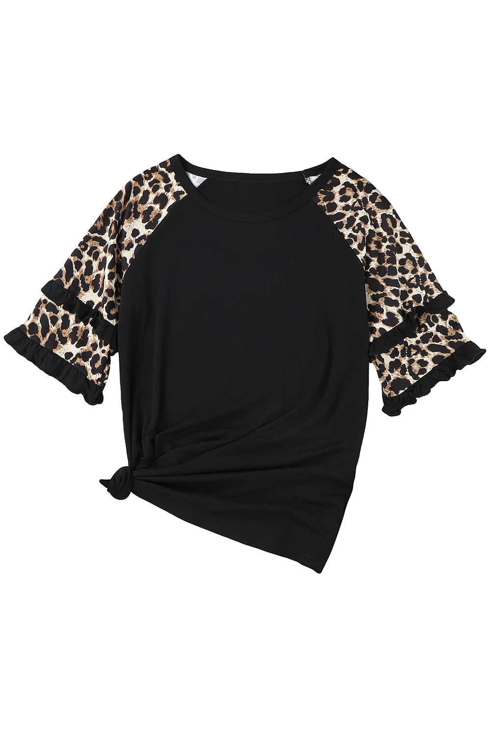 Black Ruffled Leopard Sleeve Patchwork Top