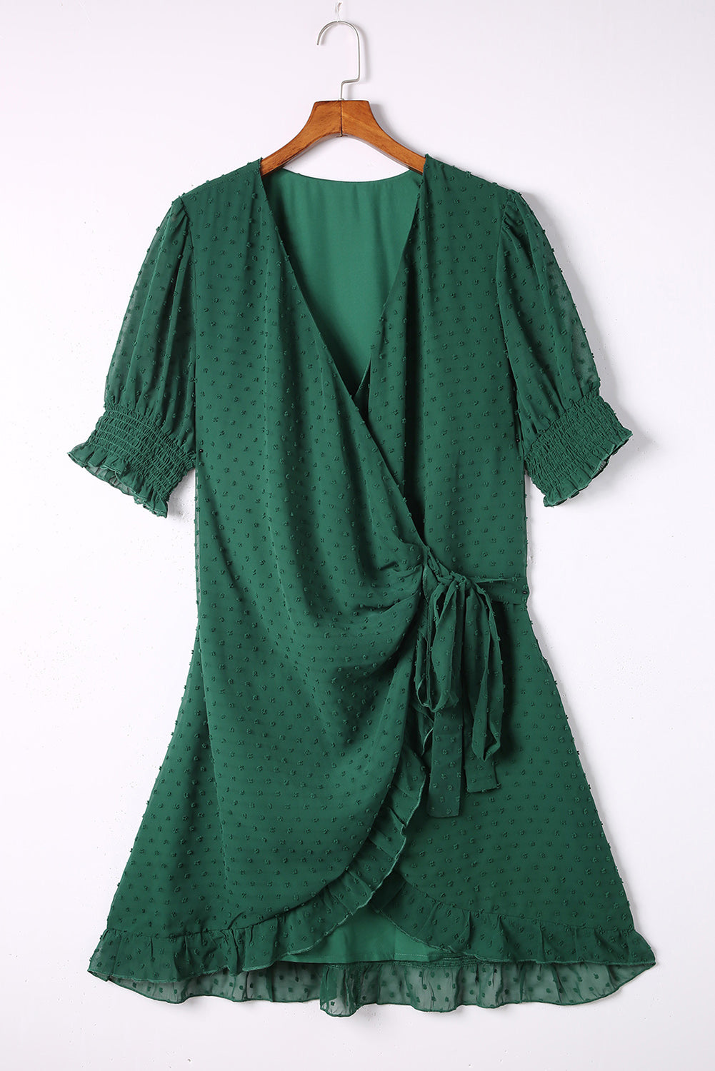 Green Plus Size Swiss Dot Puff Sleeve Wrap Dress