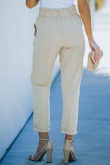 Beige High Rise Paper Bag Waist Pocketed Casual Pants