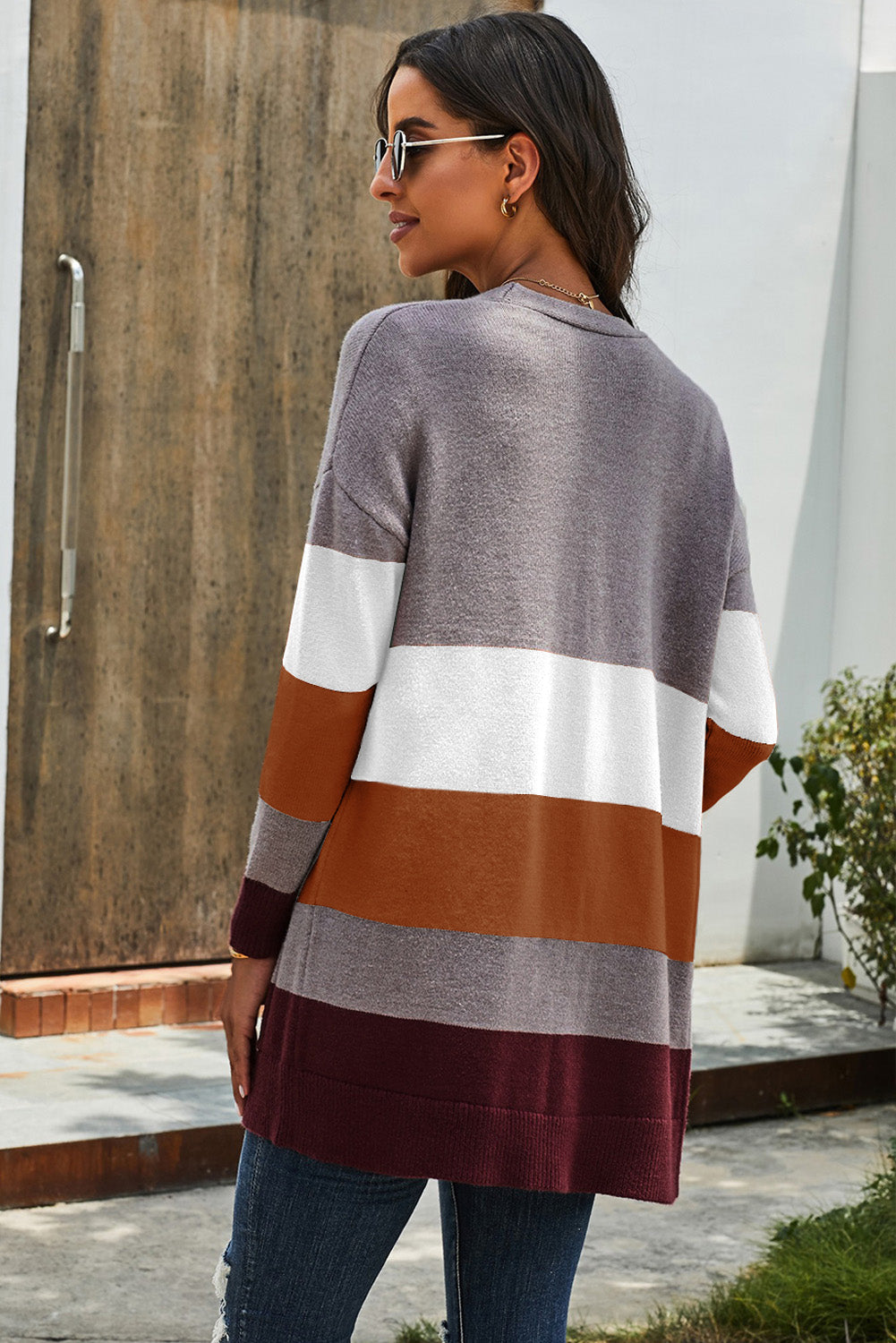 Khaki Open Front Colorblock Cardigan with Pockets