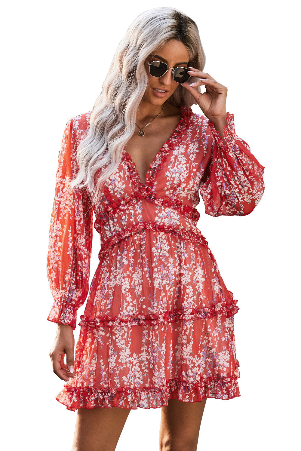 Blue Ruffle Detailing Open Back Floral Dress