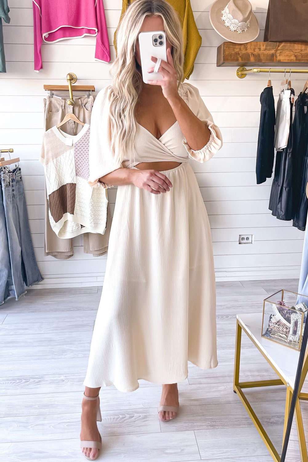 Beige Puff Sleeve Cross Tie Cut Out Maxi Dress