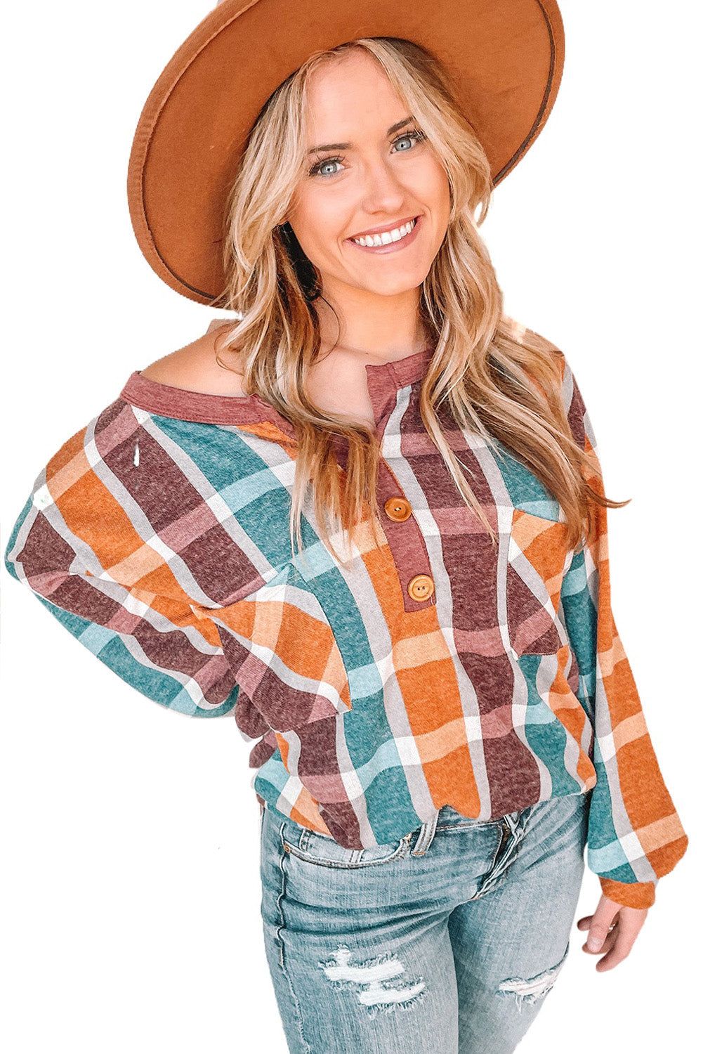 Orange Plaid Print Buttons Long Sleeve Top