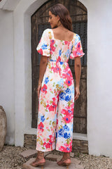 Multicolor Floral Print Smocked Puff Sleeve Jumpsuit