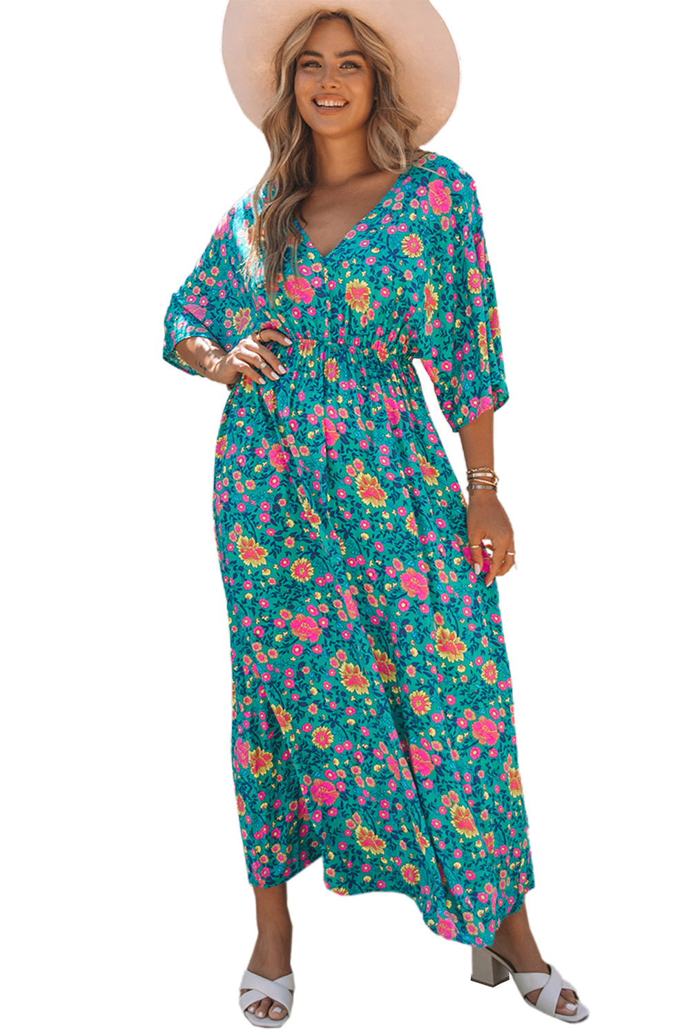 Green Boho Amicgp V Neck Floral Maxi Dress