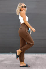 Brown Multi-pockets Drawstring High Waist Joggers