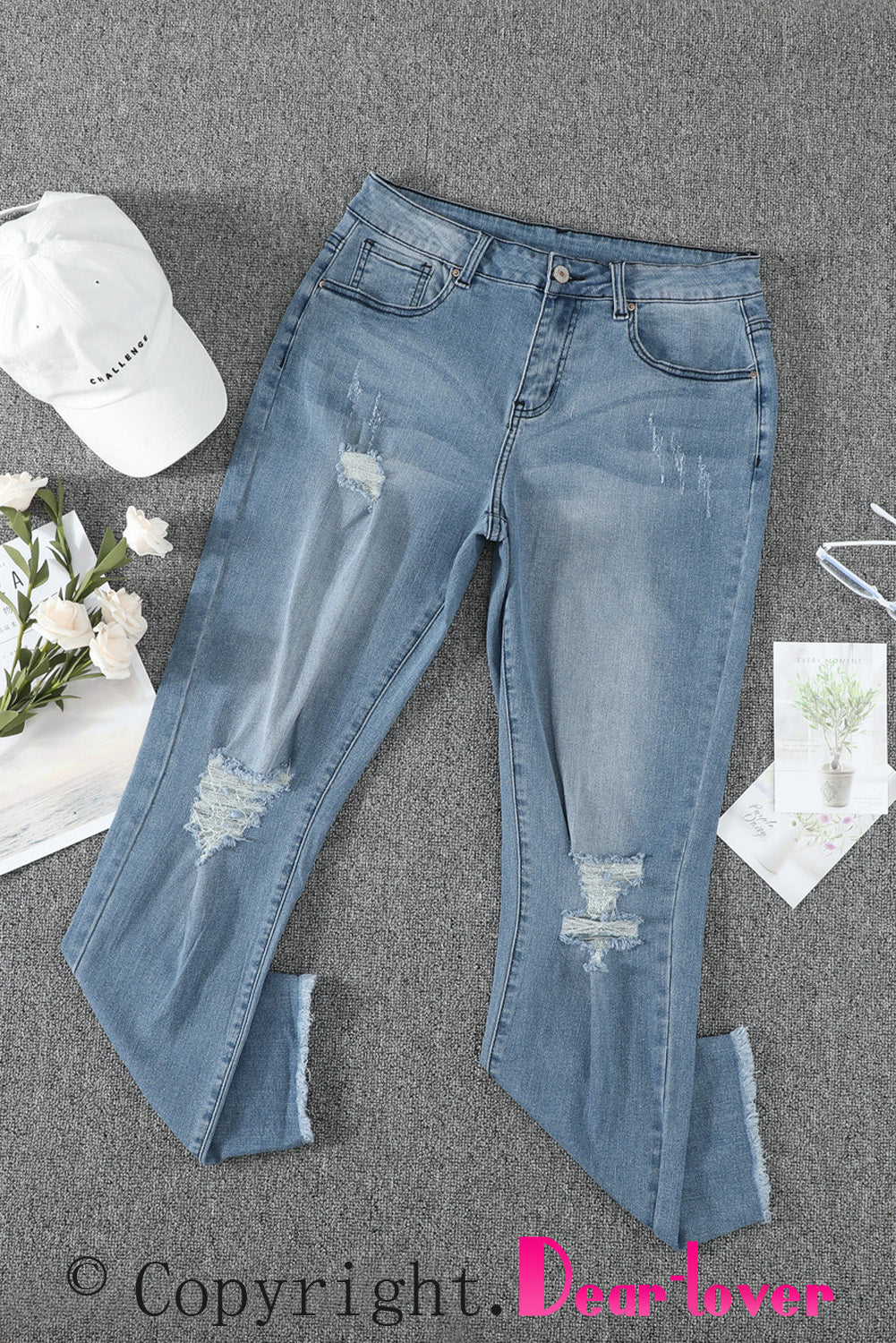 Sky Blue Ripped Slim Fit Washed Jeans