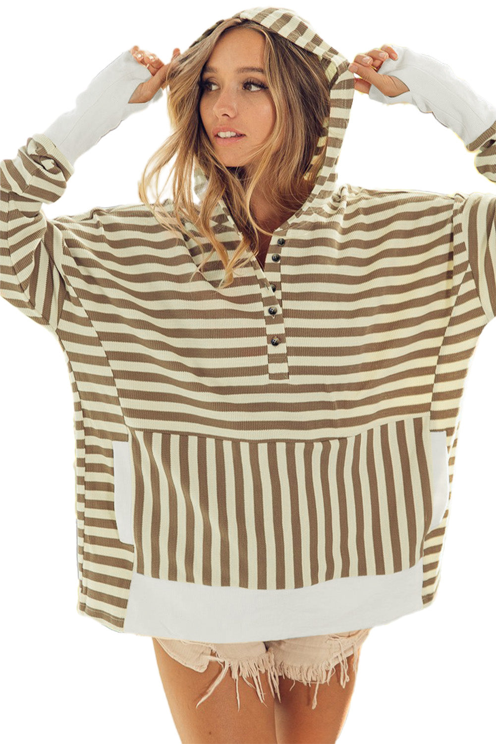 Khaki Striped Contrast Thumbhole Oversized Hoodie