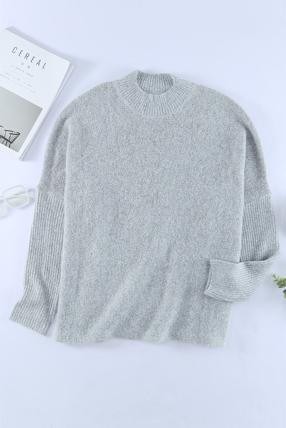Grey High Neck Oversized Sweater with Slits