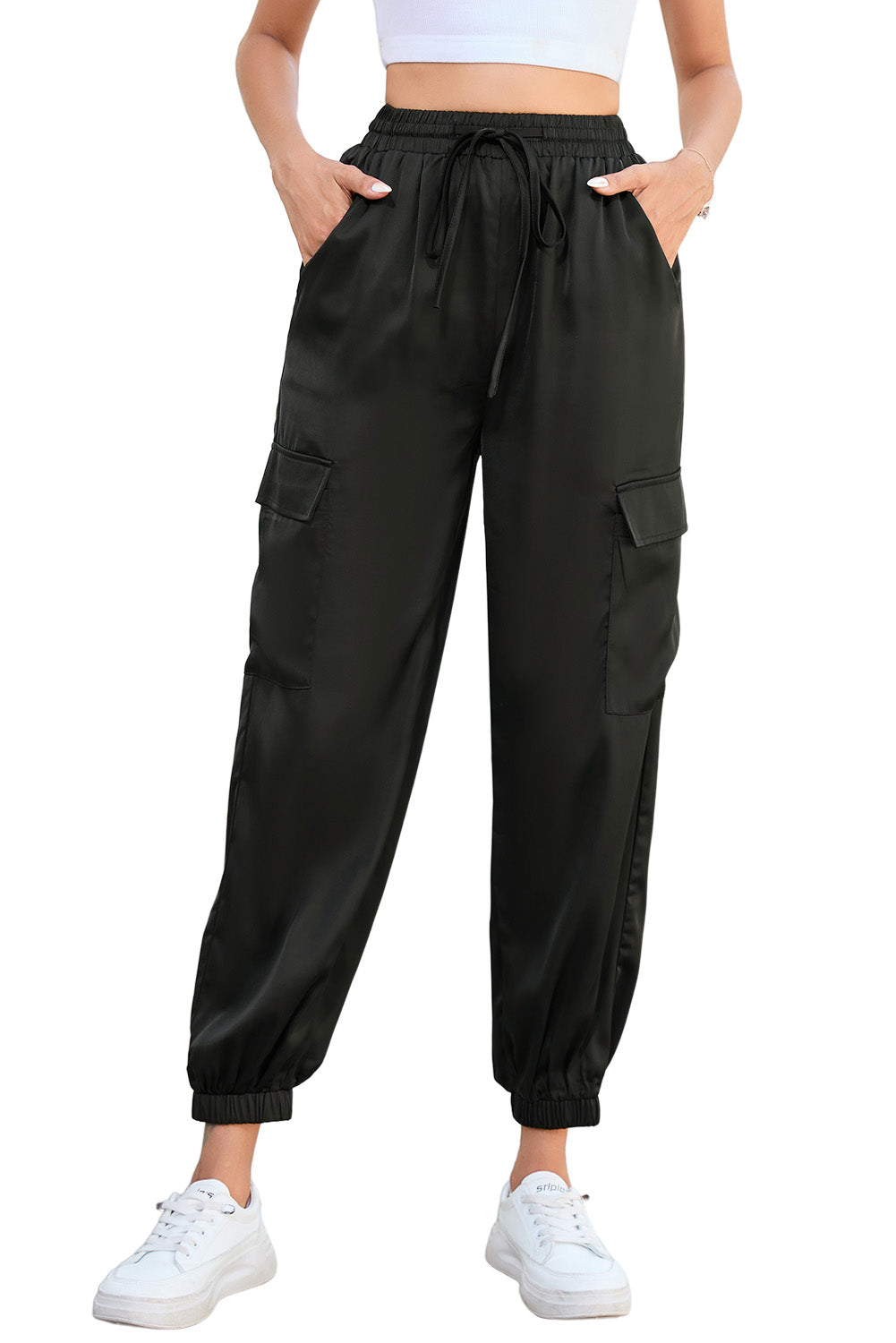 Black Satin Pocketed Drawstring Elastic Waist Pants