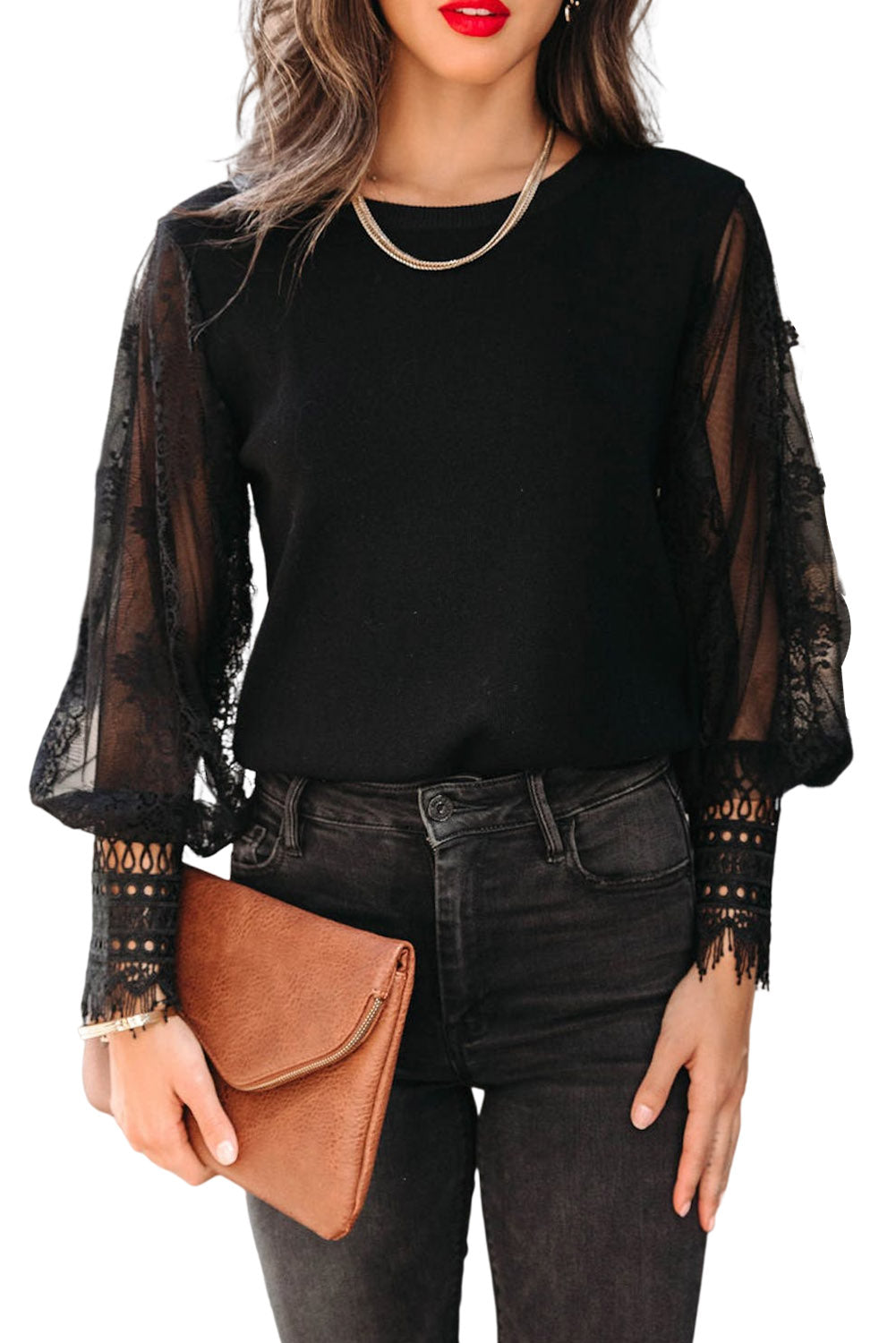 Black Sheer Lace Mesh Bishop Sleeve Top