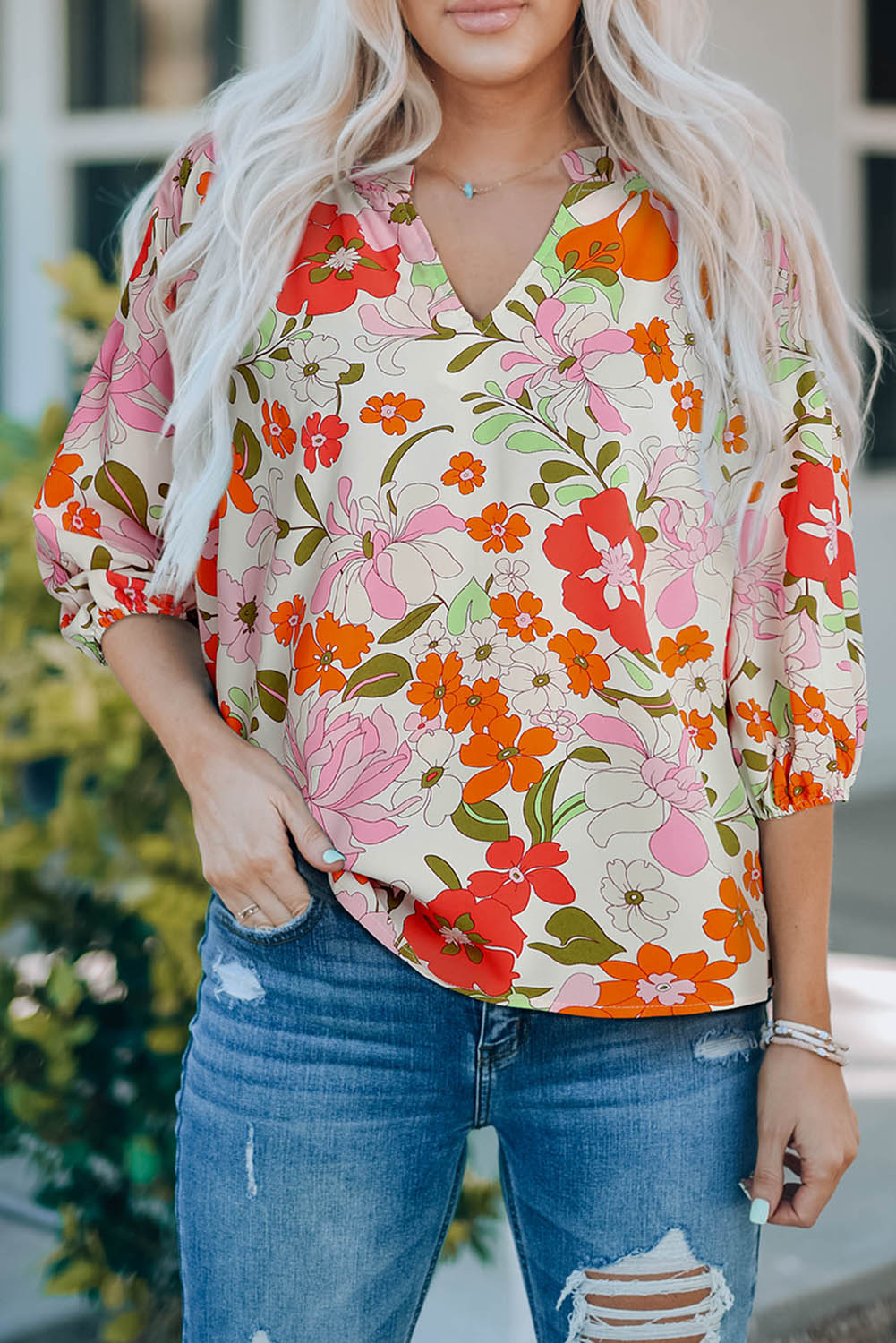 Orange Blooming Flowers Frill Trim Puff Sleeve Blouse