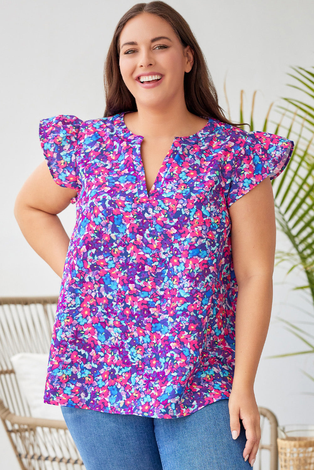 Purple Plus Size Floral Print Ruffle Sleeve Blouse