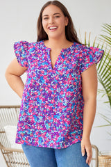 Purple Plus Size Floral Print Ruffle Sleeve Blouse